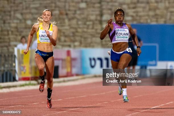 Nora Lindahl of Sweden and Succes Eduan of Great Britain compete in Women's 200m during European Athletics U20 Championships Jerusalem - Day Three on...