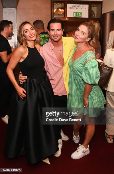 Frankie Bridge, Aaron Renfree and Candice Brown pose during the Gala Night performance of "2:22 A Ghost Story" at The Apollo Theatre on August 09,...