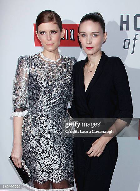 Kate Mara and Rooney Mara attend the "House Of Cards" premiere at Alice Tully Hall on January 30, 2013 in New York City.