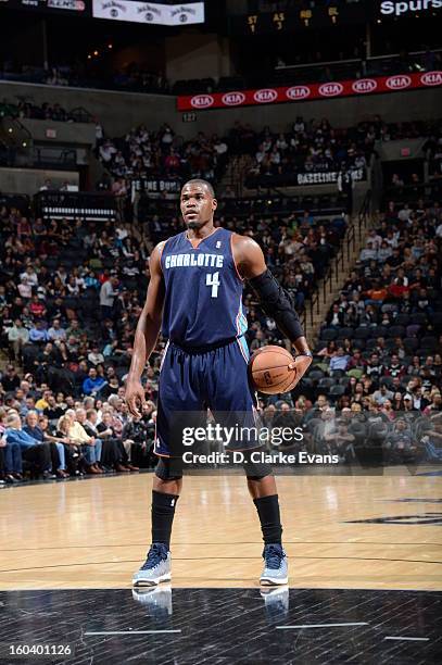 Jeff Adrien of the Charlotte Bobcats goes up to shoot a foul shot against the San Antonio Spurs on January 30, 2013 at the AT&T Center in San...