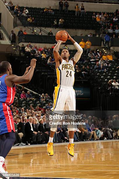 Paul George of the Indiana Pacers shoots a jumper against the Detroit Pistons on January 30, 2013 at Bankers Life Fieldhouse in Indianapolis,...