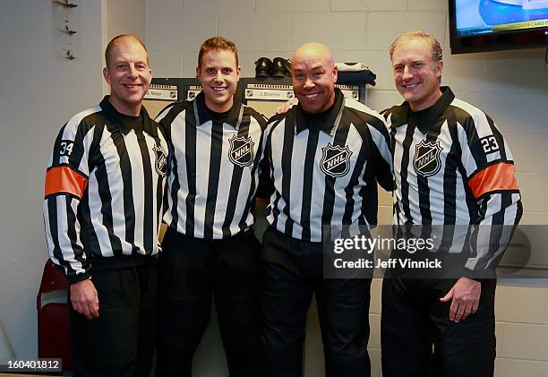 Linesman Kiel Murchison is joined by game officials Brad Meier, Jay Sharrers and Brad Watson for Kyle's first NHL game between the Vancouver Canucks...