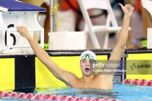 Gold medalist Matthew Ward of Scotland celebrates victory in the Men's 200m Individual Medley Final on day five of the 2023 Youth Commonwealth Games...