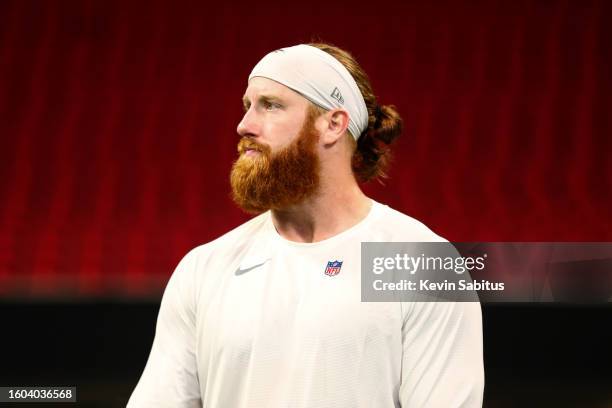 Hayden Hurst of the Atlanta Falcons looks on prior to an NFL game against the Carolina Panthers at Mercedes-Benz Stadium on October 31, 2021 in...