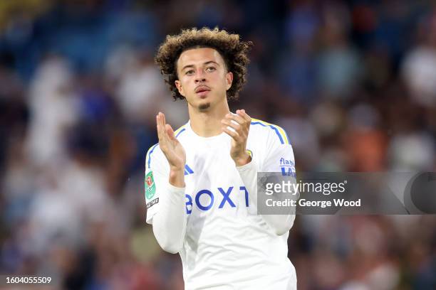 Ethan Ampadu of Leeds United applauds the fans during the Carabao Cup First Round match between Leeds United and Shrewsbury Town at Elland Road on...