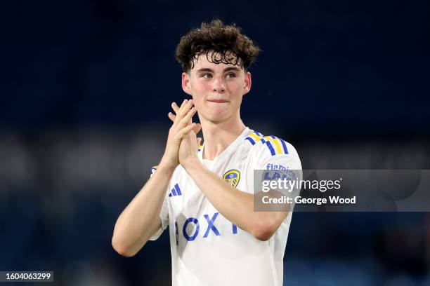 Archie Gray of Leeds United acknowledges the fans following the Carabao Cup First Round match between Leeds United and Shrewsbury Town at Elland Road...