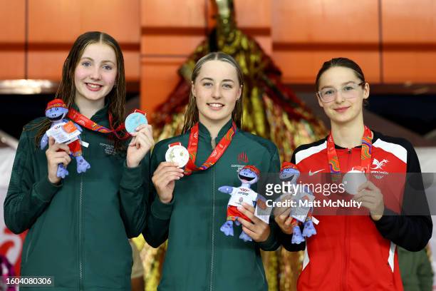 Gold medalist Ellie McCartney of Northern Ireland, Silver medalist Grace Davison of Northern Ireland and Bronze medalist Theodora Taylor of Wales...