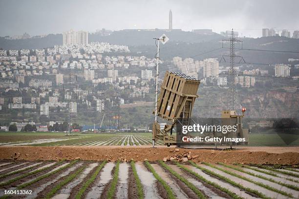 An 'Iron Dome' short-range missile defense system is positioned near the northern city of Haifa on January 31, 2013 in Israel. The Iron Dome missile...