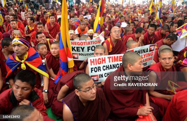 Tibetan nuns and monks hold placards as they sit in support of Tibet during a protest rally in New Delhi on January 31, 2013. The Tibetan government...