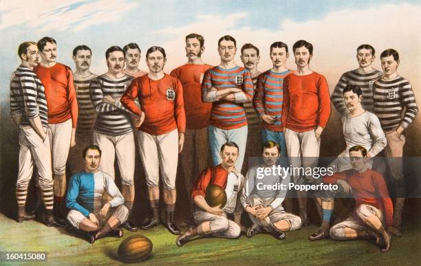 Colour lithograph featuring many of the leading players in the first decade of the FA Cup competition, circa 1881. Back row, left to right: Charles...