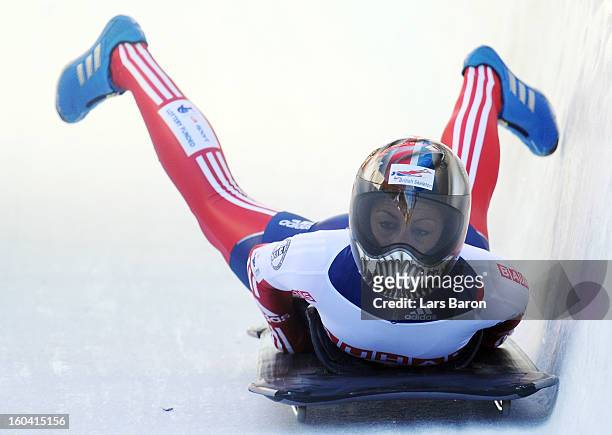 Shelley Rudman of Great Britain crosses the finishline after the women's skeleton second heat of the IBSF Bob & Skeleton World Championship at...