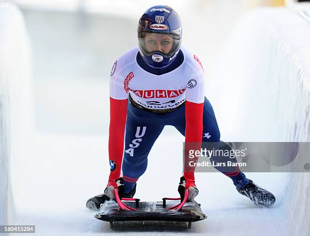 Noelle Pikus Pace of USA crosses the finishline after the women's skeleton second heat of the IBSF Bob & Skeleton World Championship at Olympia Bob...