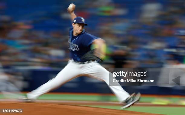 Kevin Kelly of the Tampa Bay Rays pitches in the third inning during a game against the St. Louis Cardinals at Tropicana Field on August 09, 2023 in...