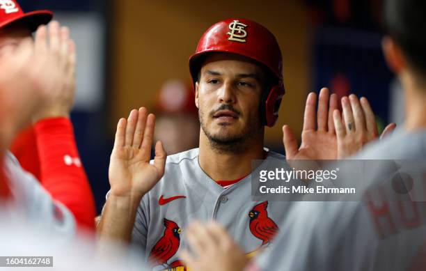 Nolan Arenado of the St. Louis Cardinals is congratulated after scoring a run in the third inning during a game against the Tampa Bay Rays at...