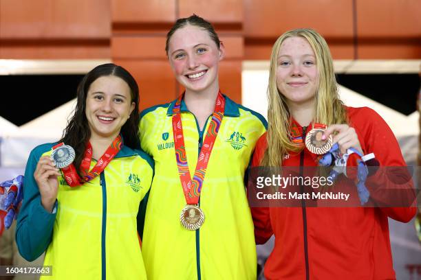 Gold medalist Mikayla Bird of Australia, Silver medalist Poppy Stephen of Australia and Bronze medalist Ashleigh Baillie of England pose for a photo...