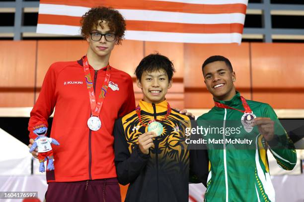 Gold medalist Li Hen Goh of Malaysia, Silver medalist Reuben Rowbotham-Keating of England and Bronze medalist Jarden Dylan Eaton of South Africa pose...
