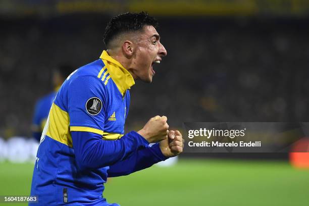 Miguel Merentiel of Boca Juniors celebrates after scoring the team's first goal during a Copa CONMEBOL Libertadores 2023 round of sixteen second leg...