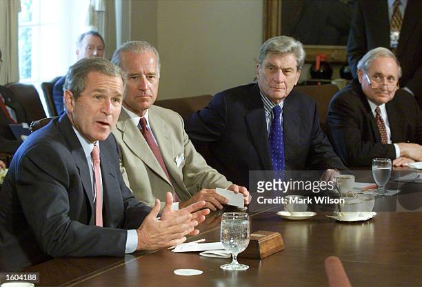 President George W. Bush meets with members of the Senate and House foreign policy leadership in the Cabinet room at the White House July 25, 2001 in...