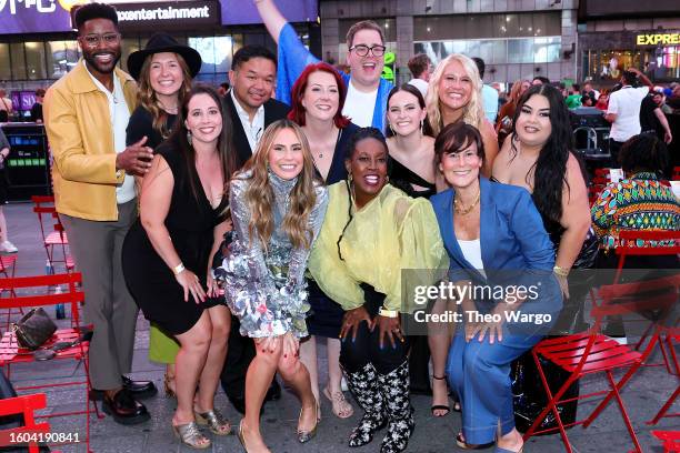 Nate Burleson and Keltie Knight pose with the cast of "Superfan" during the "Superfan" Series Premiere Watch Party in Times Square on August 09, 2023...