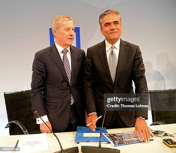 Juergen Fitschen and Anshu Jain, Co-CEOs of Deutsche Bank, attend the company's annual press conference to announce its financial results for 2012 on...