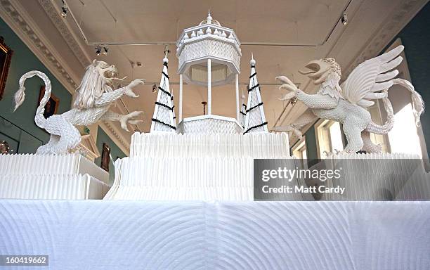 Artist Joan Sallas' 1.5-metre-high folded linen table fountain is displayed as part of a new exhibition 'Folded Beauty: Masterpieces in Linen', which...