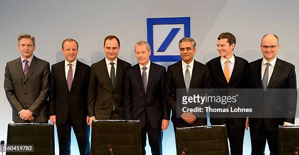 Juergen Fischen and Anshu Jain , Co-CEOs of Deutsche Bank, stand with members of the board Steward Lewis, Rainer Neske, Stefan Krause, Stephan...