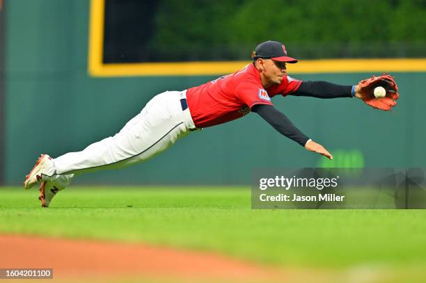 Second baseman Andres Gimenez of the Cleveland Guardians fields a ground ball hit by George Springer of the Toronto Blue Jays during the fifth inning...