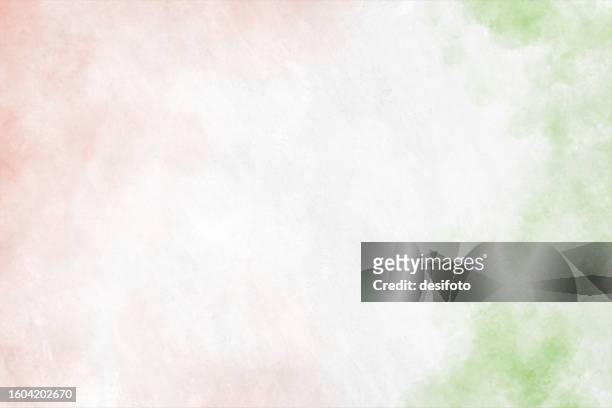 stockillustraties, clipart, cartoons en iconen met horizontal rustic faded weathered background with tricolor splashes, in faint smudged pastel orange or saffron, white and green colors smudged splattered in spray paint like fog and clouds as in national flag of india - tri color