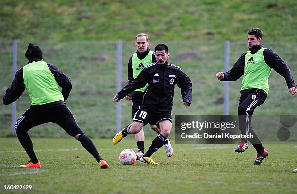 Takuma Abe controles the ball during the training session of VfR Aalen on January 31, 2013 in Aalen, Germany.