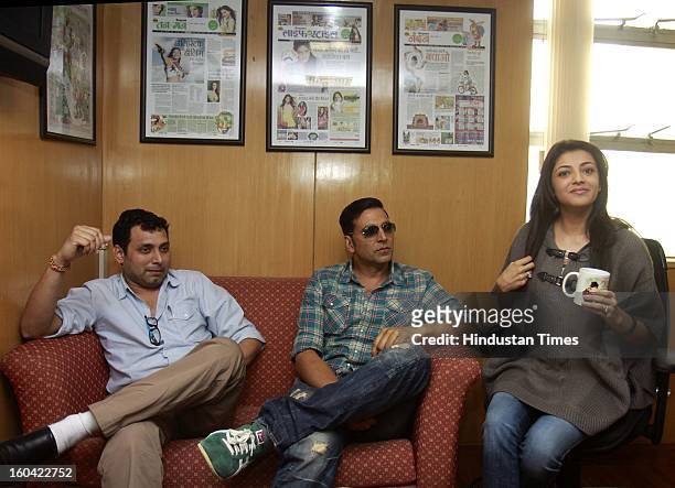 The film director Neeral Pandey with actors Akshay Kumar and Kajal Aggarwal during the visit to HT House for promotion of their upcoming film Special...