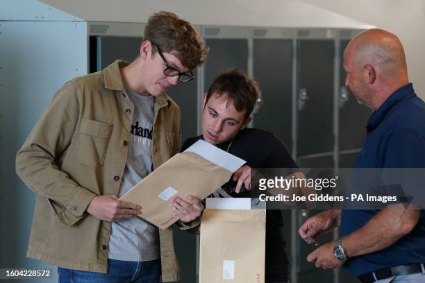 Richard Osborne and Rhys Marjoram at Langley School in Loddon, Norfolk, look at their A-level results. Picture date: Thursday August 17, 2023.