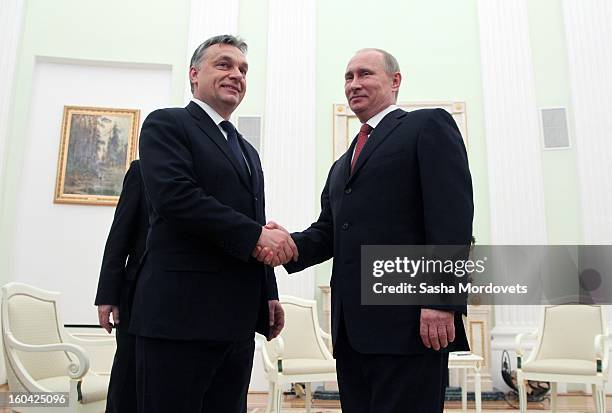 Russian President Vladimir Putin receives Hungarian Prime Minister Viktor Orban in the Kremlin on January 31, 2013 in Moscow, Russia. Orban is on a...