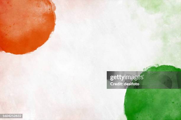 bildbanksillustrationer, clip art samt tecknat material och ikoner med horizontal backgrounds of tricolor flag colors, in bright orange or saffron, white and green colors as in indian, ivorian, ireland national flags, painted as quadrants in corners as graffiti on a smudged wall - elfenbenskusten