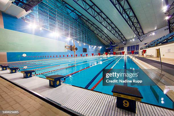 View of the swimming pool at the indoor hall is taken at the ASPIRE Academy for Sports Excellence on January 6, 2013 in Doha, Qatar. ASPIRE Zone,...