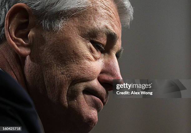 Former U.S. Sen. Chuck Hagel pauses as he testifies before the Senate Armed Services Committee during his confirmation hearing to become the next...