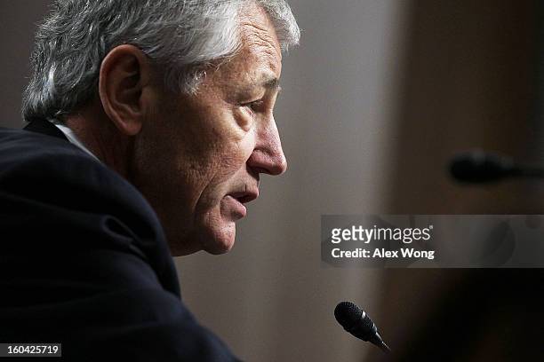 Former U.S. Sen. Chuck Hagel testifies before the Senate Armed Services Committee during his confirmation hearing to become the next secretary of...