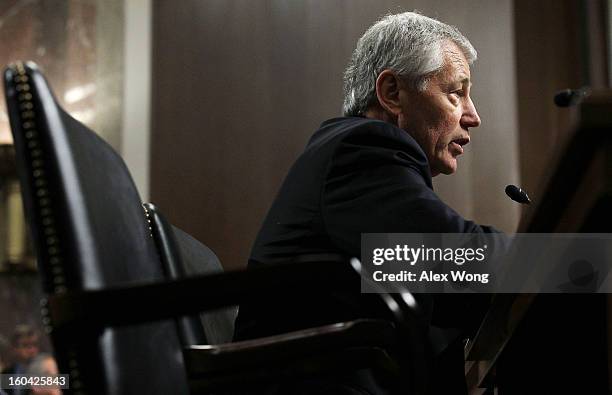 Former U.S. Sen. Chuck Hagel testifies before the Senate Armed Services Committee during his confirmation hearing to become the next secretary of...