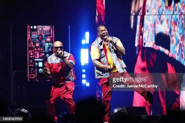 Spliff Star and Busta Rhymes perform onstage during the 50 Cent: The Final Lap Tour at Barclays Center on August 09, 2023 in New York City.
