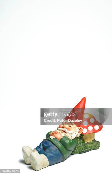 garden gnome sleeping with copy space - garden gnome stock pictures, royalty-free photos & images