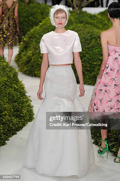 Model walks the runway at the Christian Dior Spring Summer 2013 fashion show during Paris Haute Couture Fashion Week on January 21, 2013 in Paris,...