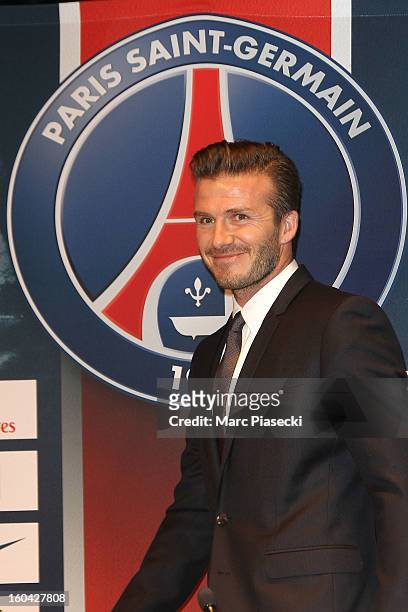 International soccer player David Beckham attends the press conference for his PSG signing at Parc des Princes on January 31, 2013 in Paris, France.