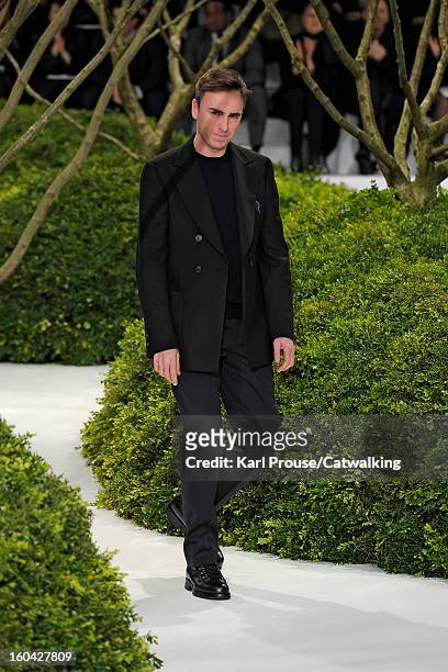 Designer Raf Simons walks the runway at the Christian Dior Spring Summer 2013 fashion show during Paris Haute Couture Fashion Week on January 21,...