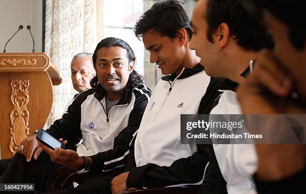 Indian tennis player Leander Paes during the draw for Davis Cup Asia/Oceania Group I at Delhi Lawn Tennis Association tennis court on January 31,...