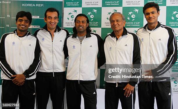 Indian tennis team pose for a photograph after the draw for Davis Cup Asia/Oceania Group I tie against South Korea at Delhi Lawn Tennis Association...