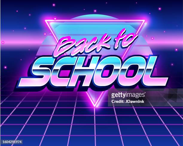 back to school horizontal neon synth wave or 80s style template for all grades fully printable - 80s font stock illustrations