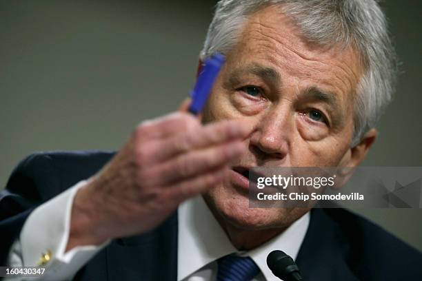 Former U.S. Senator Chuck Hagel testifies before the Senate Armed Services Committee during his confirmation hearing to become the next secretary of...