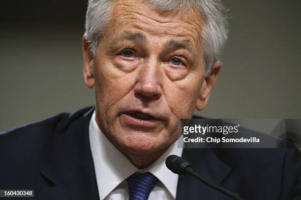 Former U.S. Senator Chuck Hagel testifies before the Senate Armed Services Committee during his confirmation hearing to become the next secretary of...
