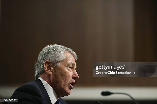 Former U.S. Senator Chuck Hagel testifies before the Senate Armed Services Committee during his confirmation hearing to become the next secretary of...