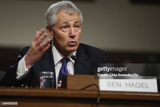 Former U.S. Senator Chuck Hagel testifies before the Senate Armed Services Committee during his confirmation hearing to become the next secretary of...