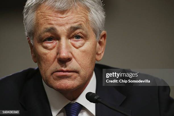 Former U.S. Senator Chuck Hagel testifies before the Senate Armed Services Committee during his confirmation hearing to become the next secretary of...